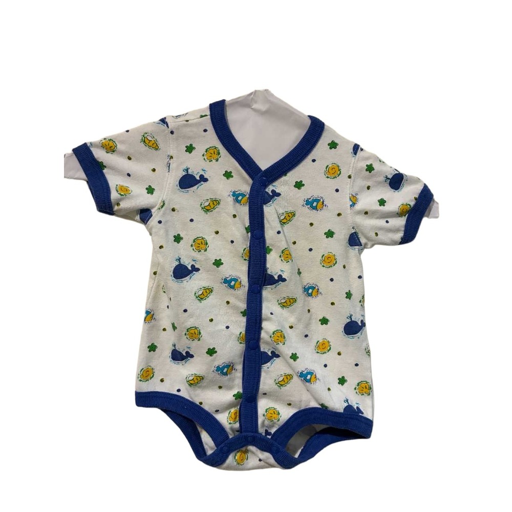 Vintage Simply Basic‎ Baby Blue Whale Nautical Print Short Sleeve Bodysuit 12 M